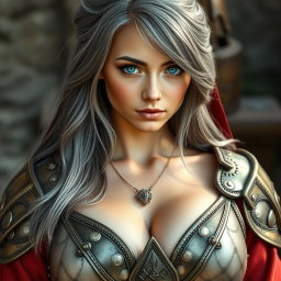 A busty, beautiful Ukrainian cleric girl with huge breasts, featuring bright turquoise eyes that shine vibrantly