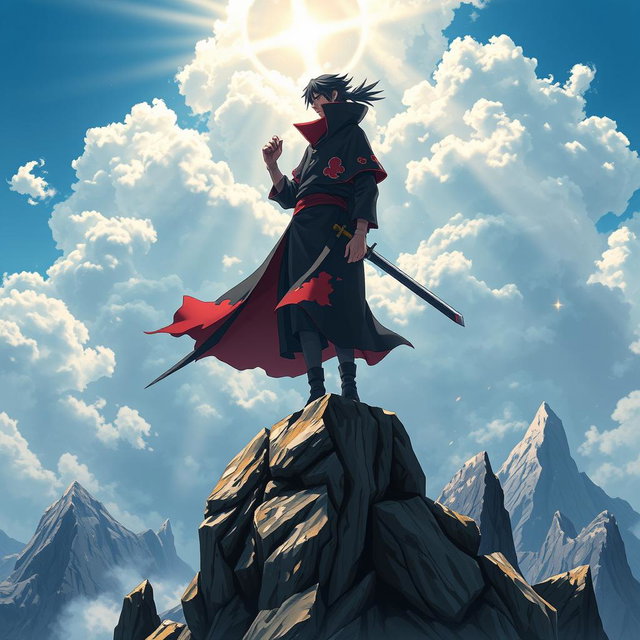 Itachi Uchiha standing majestically on top of a rugged mountain peak, holding a sword with an aura of divine power surrounding him