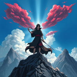 Itachi Uchiha standing majestically on top of a rugged mountain peak, holding a sword with an aura of divine power surrounding him