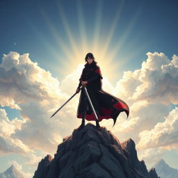 Itachi Uchiha standing majestically on top of a rugged mountain peak, holding a sword with an aura of divine power surrounding him