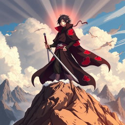 Itachi Uchiha standing majestically on top of a rugged mountain peak, holding a sword with an aura of divine power surrounding him