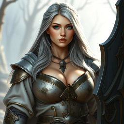 A busty, cute, and beautiful Ukrainian cleric girl with huge breasts, featuring very bright shining turquoise eyes and a kind, caring oval face