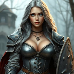 A busty, cute, and beautiful Ukrainian cleric girl with huge breasts, featuring very bright shining turquoise eyes and a kind, caring oval face