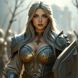 A busty, cute, and beautiful Ukrainian cleric girl with huge breasts, featuring very bright shining turquoise eyes and a kind, caring oval face