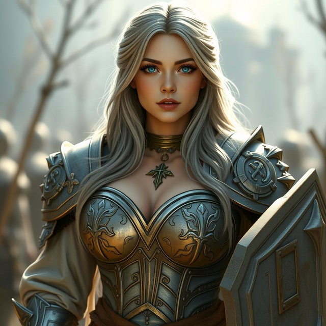 A busty, cute, and beautiful Ukrainian cleric girl with huge breasts, featuring very bright shining turquoise eyes and a kind, caring oval face