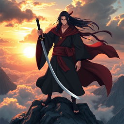 Itachi Uchiha standing majestically on a rugged mountain peak, holding a katana firmly in his hand, embodying an aura of divinity