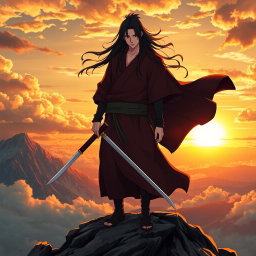 Itachi Uchiha standing majestically on a rugged mountain peak, holding a katana firmly in his hand, embodying an aura of divinity