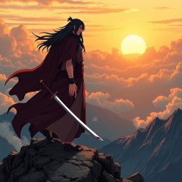 Itachi Uchiha standing majestically on a rugged mountain peak, holding a katana firmly in his hand, embodying an aura of divinity