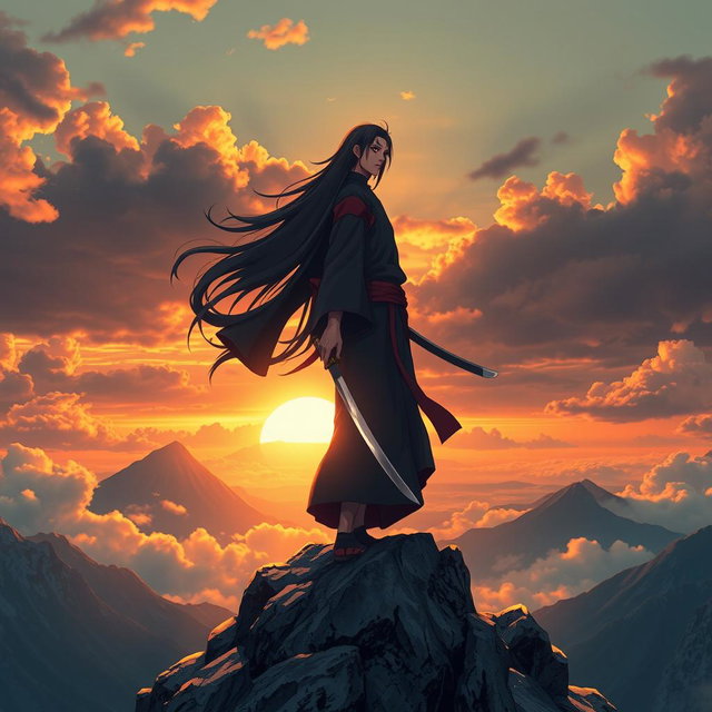Itachi Uchiha standing majestically on a rugged mountain peak, holding a katana firmly in his hand, embodying an aura of divinity