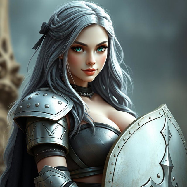 A busty and cute Ukrainian cleric girl with huge breasts, sparkling turquoise eyes, and a kind, caring oval face