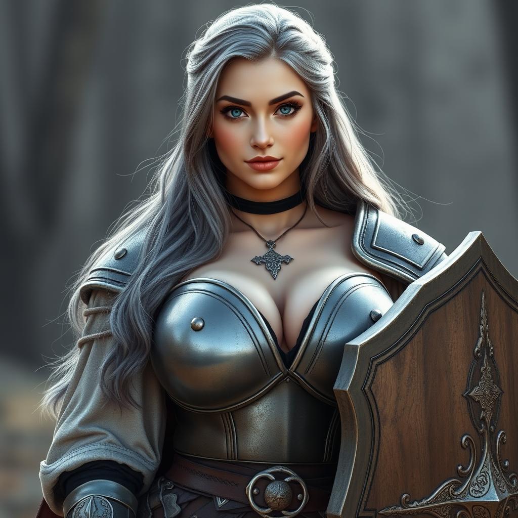 A busty and cute Ukrainian cleric girl with huge breasts, sparkling turquoise eyes, and a kind, caring oval face