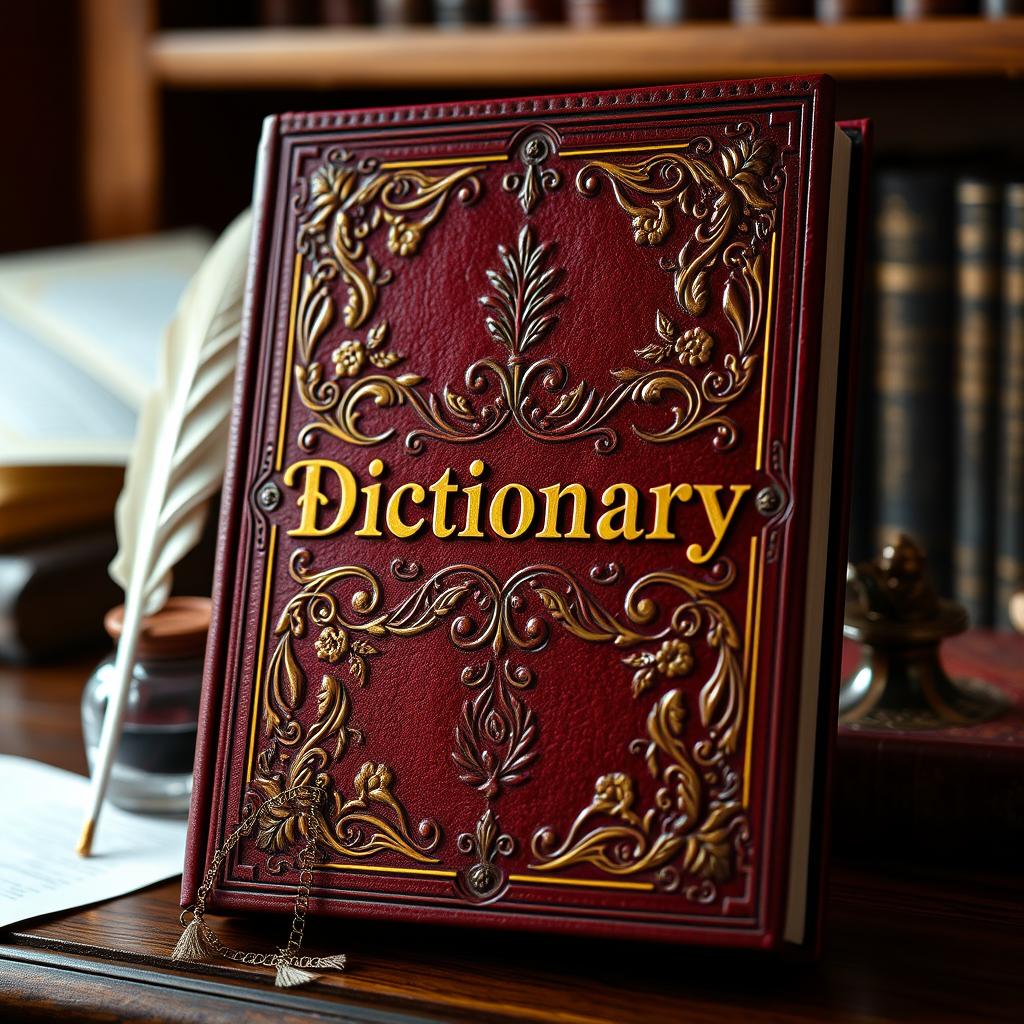 A beautifully designed dictionary cover featuring intricate details, with a classic leather-bound look, embossed gold lettering that reads 'Dictionary', surrounded by decorative floral patterns