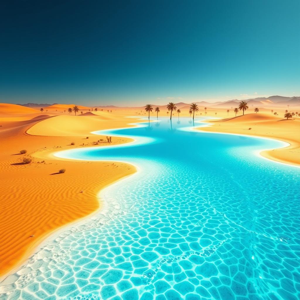 A stunning mirage in a vast desert landscape, depicting shimmering blue waters that appear to be flowing amidst golden sand dunes under a bright blue sky