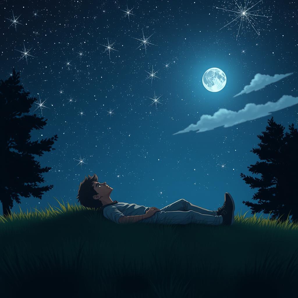 A serene scene of a stargazer lying on a grassy hill, gazing up at a star-filled night sky