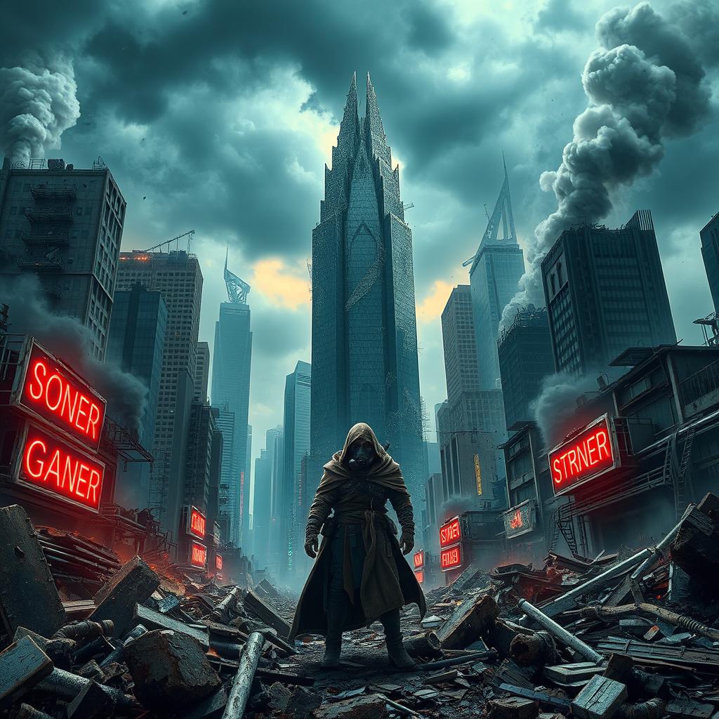 A visually striking image of a futuristic dystopian cityscape showing extensive damage and destruction