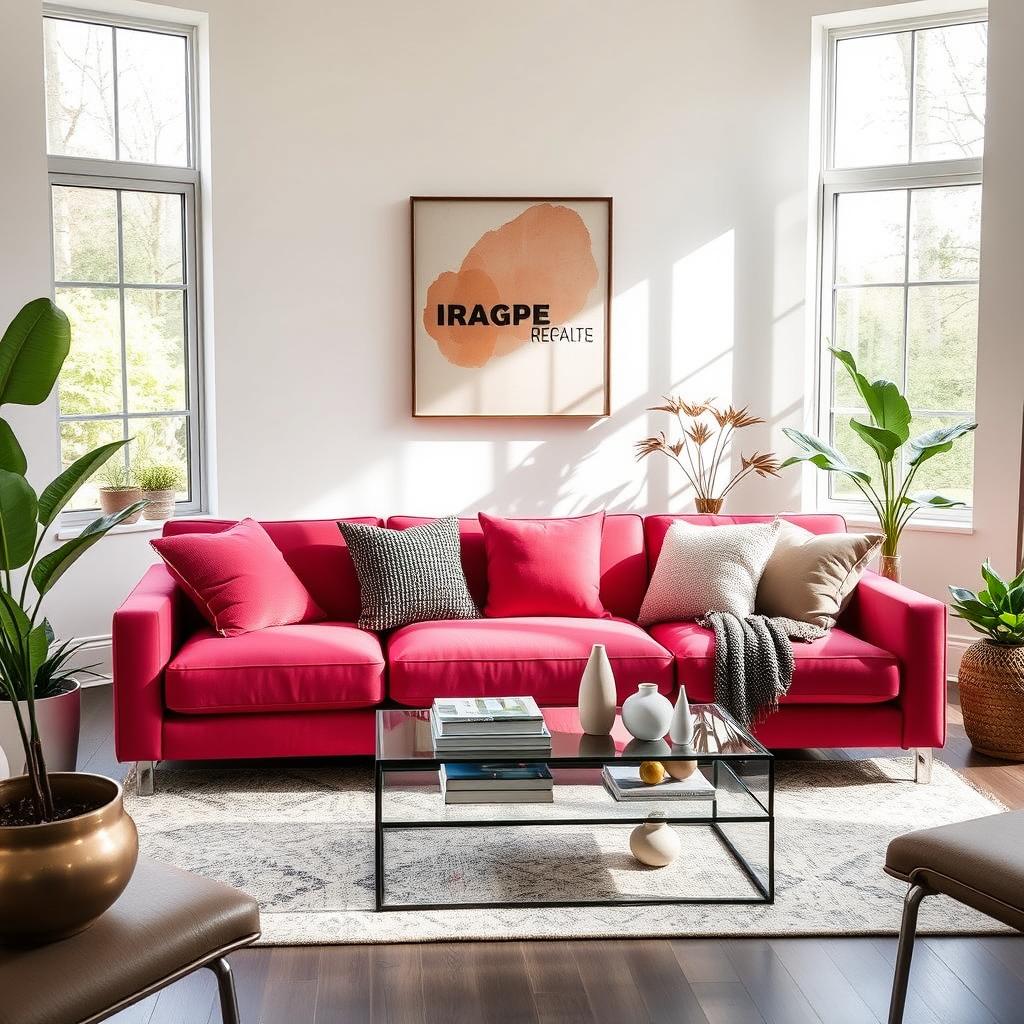 A modern living room featuring a stylish replacement sofa, with a sleek design and vibrant color