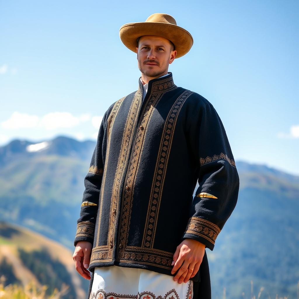 A Georgian national chokha, showcasing the traditional long, elegant garment worn by men, featuring a high collar, intricate patterns, and traditional adornments such as bullets or dagger holders
