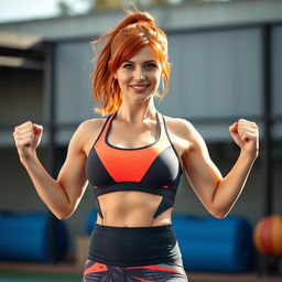 A vibrant image of a sporty 30-year-old red-haired woman with an athletic build, confidently posed in form-fitting athletic wear that highlights her strong physique and generous bust