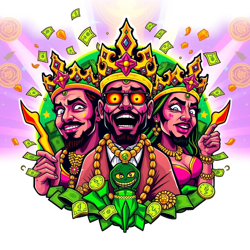 A vibrant and extravagant logo design featuring three stylized characters: two Moroccan individuals depicted as extremely high, with exaggerated expressions of euphoria, surrounded by a lavish setting filled with symbols of luxury such as money, expensive jewelry, and glamorous women