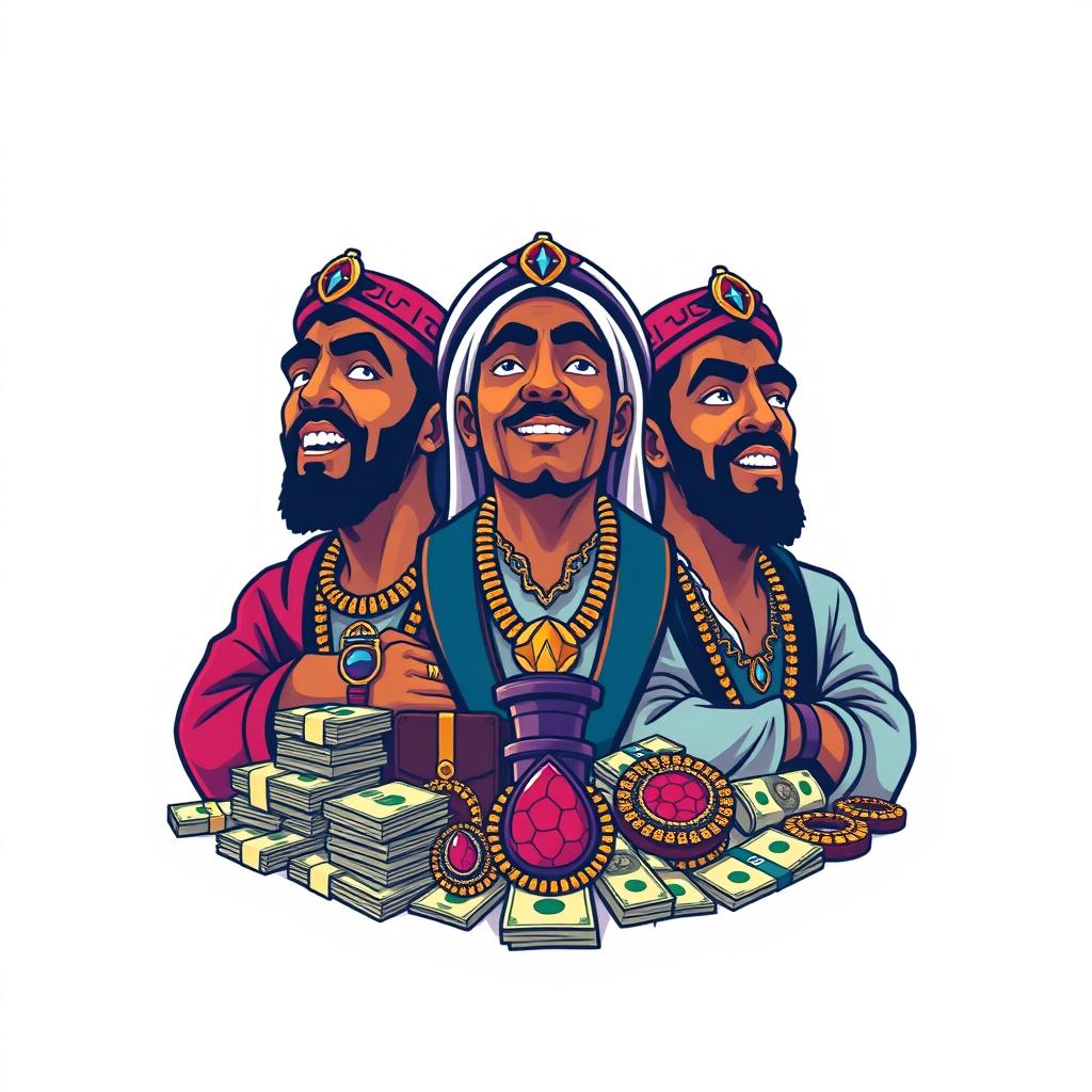 A striking logo design featuring three stylized figures: two Moroccan individuals depicted with exaggerated, euphoric expressions to suggest they are under the influence, surrounded by an array of lavish items like stacks of money, opulent jewelry, and luxurious accessories