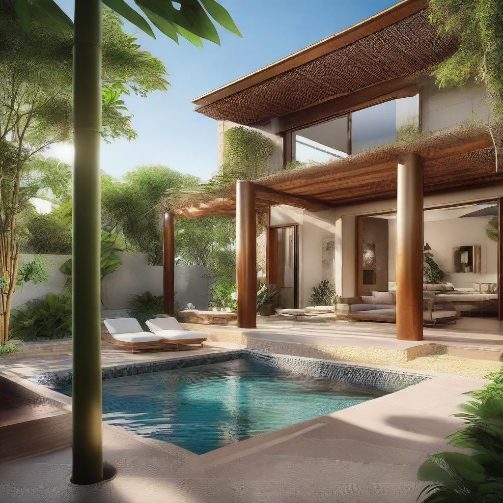 Amplify the retreat into an ultra-luxurious sanctuary. Maintain bamboo and rattan decor but introduce features like a glass-bottomed rooftop pool, an expansive outdoor deck with a fire pit, an ultra-luxurious master suite with a spa-inspired en-suite bathroom, and a sophisticated home theatre.