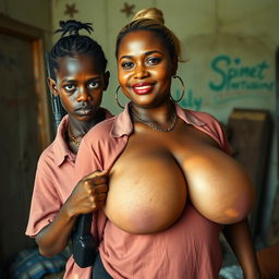 In a rundown room, a very short, 20-year-old black African woman, undernourished and with smooth dark skin, exhibits a fierce expression, dressed in a loose gangster-style men's polo shirt