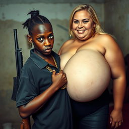 In a rundown room, a very short, 20-year-old black African woman, undernourished and with smooth dark skin, exhibits a fierce expression, dressed in a loose gangster-style men's polo shirt