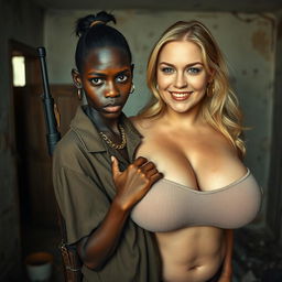 In a dilapidated room, a very short, malnourished 20-year-old black African woman, with smooth dark skin and an angry expression, dressed in a loose gangster-style men's polo shirt