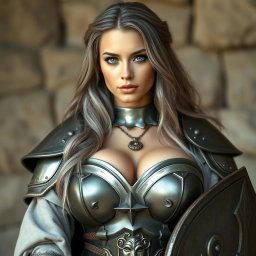 A busty and beautiful Ukrainian cleric girl with huge breasts, featuring bright shining turquoise eyes and a kind, caring oval face