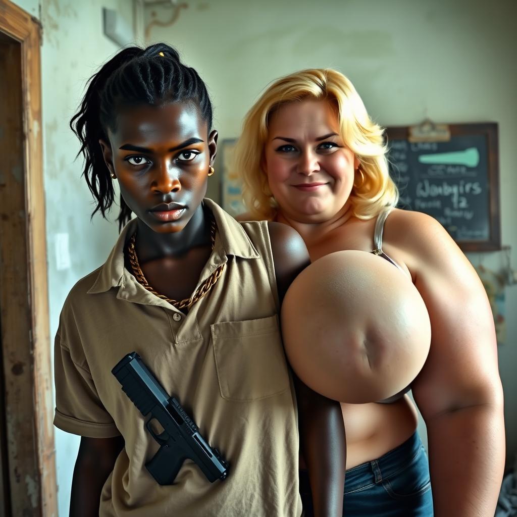 In a rundown room, a very short and undernourished 20-year-old black African woman with deep black skin stands with an angry expression