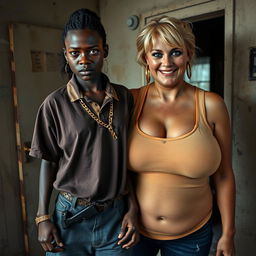 In a rundown room, a very short and undernourished 20-year-old black African woman with deep black skin stands with an angry expression