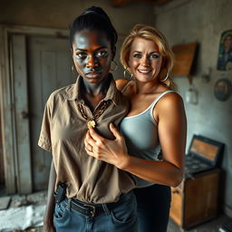 In a rundown room, a very short and undernourished 20-year-old black African woman with deep black skin stands with an angry expression