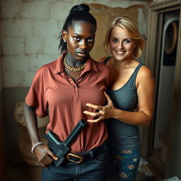 In a rundown room, a very short and undernourished 20-year-old black African woman with deep black skin stands with an angry expression