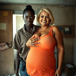 In a rundown room, a very short and malnourished 20-year-old black African woman stands with an angry expression