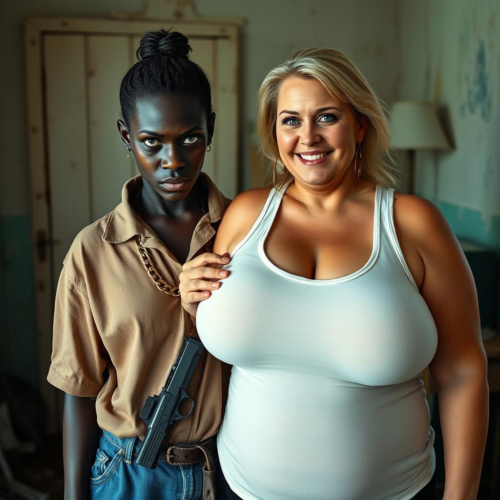 In a rundown room, a very short and malnourished 20-year-old black African woman stands with an angry expression
