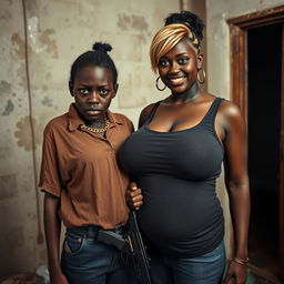 In a rundown room, a very short and malnourished 20-year-old black African woman with deep black skin and an angry expression stands wearing a loose gangster-style men's polo shirt