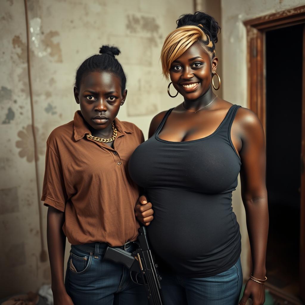 In a rundown room, a very short and malnourished 20-year-old black African woman with deep black skin and an angry expression stands wearing a loose gangster-style men's polo shirt
