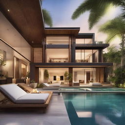 Amplify the retreat into an ultra-luxurious sanctuary. Maintain bamboo and rattan decor but introduce features like a glass-bottomed rooftop pool, an expansive outdoor deck with a fire pit, an ultra-luxurious master suite with a spa-inspired en-suite bathroom, and a sophisticated home theatre.