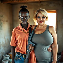In a rundown room, a very short and undernourished 20-year-old black African woman with deep black skin and an angry expression stands wearing a loose gangster-style men's polo shirt