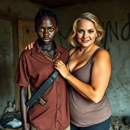 In a rundown room, a very short and undernourished 20-year-old black African woman with deep black skin and an angry expression stands wearing a loose gangster-style men's polo shirt
