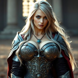 A stunning and beautiful Ukrainian cleric girl with a slim figure, featuring oversized breasts that are prominent in her sexy light armored cleric outfit with a deep sweetheart neckline