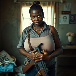 In a rundown room, a very short and malnourished 20-year-old black African woman with dark skin and an angry expression stands wearing a loose gangster-style men's polo shirt