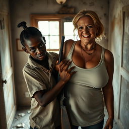 In a rundown room, a very short and malnourished 20-year-old black African woman with dark skin and an angry expression stands wearing a loose gangster-style men's polo shirt