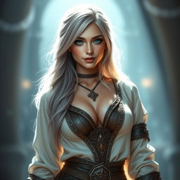 A cute and beautiful Ukrainian cleric healer with a slim physique, featuring giant breasts and big boobs
