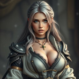 A cute and beautiful Ukrainian cleric healer with a slim physique, featuring giant breasts and big boobs