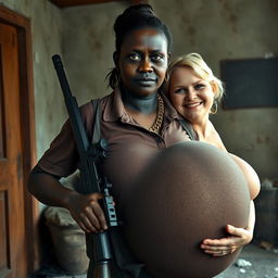 In a rundown room, a very short and malnourished 20-year-old black African woman with deep black skin and an angry expression stands wearing a loose gangster-style men's polo shirt