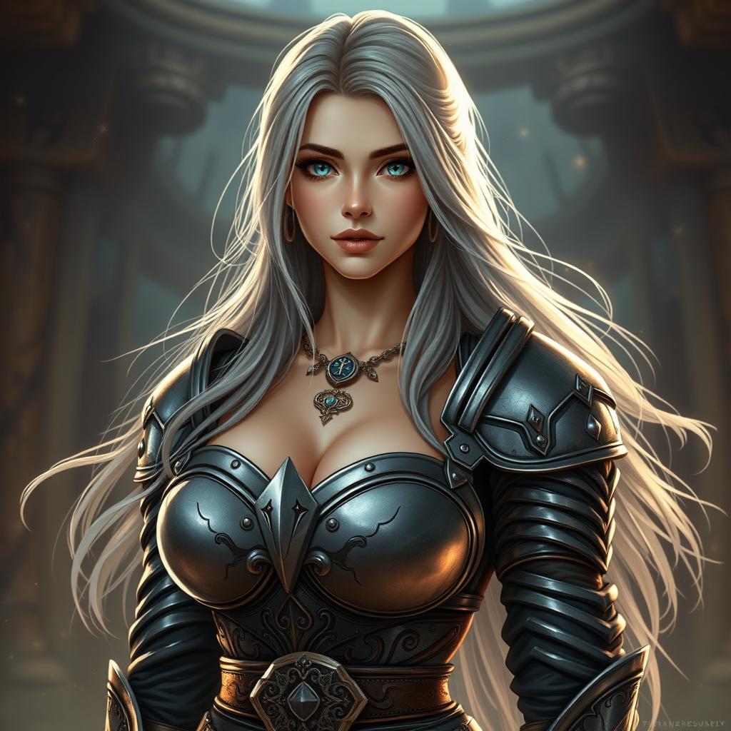 A very busty, cute, and beautiful slim Ukrainian cleric healer girl with an oval, kind, and caring face