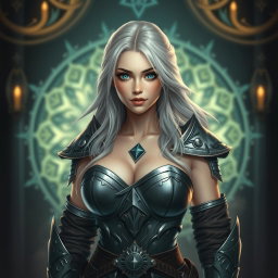 A very busty, cute, and beautiful slim Ukrainian cleric healer girl with an oval, kind, and caring face