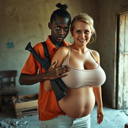 In a rundown room, a very short and malnourished 20-year-old black African woman with deep black skin and an angry expression stands wearing a loose gangster-style men's polo shirt