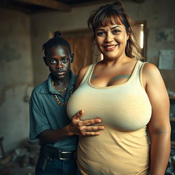 In a rundown room, a very short and malnourished 20-year-old black African woman with deep black skin has an angry expression